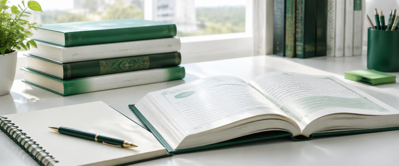 كتب دراسية ودفتر وقلم على مكتب مضاء بضوء طبيعي